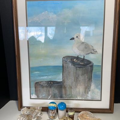Original Seagull Watercolor & Seashells