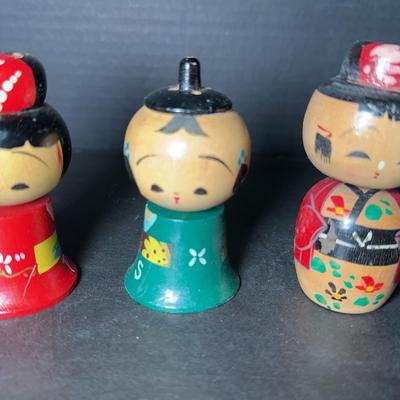 Japanese Kokeshi Wood Bobble Head & S&P Shakers