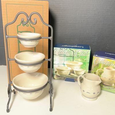 Longaberger Mini Mixing Bowls W Stand & Milk Pitcher