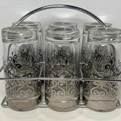 Vintage MCM Silver Scroll Highball Glasses Set of 6 w/ Caddy
