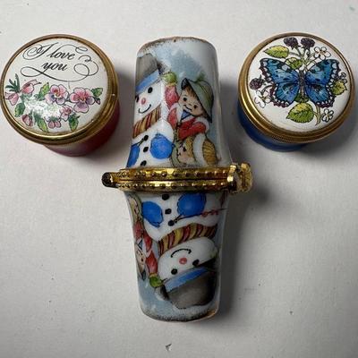Pair Of Halcyon Days Enamels Trinket Boxes & Birchcroft England Thimble Box/Needle Case