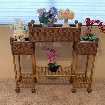 Wicker & Bamboo Plant Shelf W/Plants
