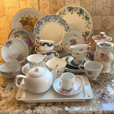 Various Mismatched China Cups, Plates, And Teapot 