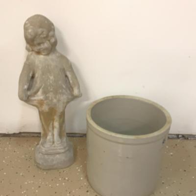 Antique Crock And Girl Statue