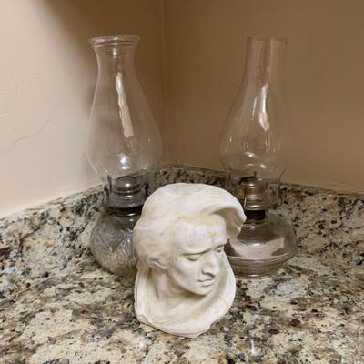 Hurricane Lamps And Bust Sculpture
