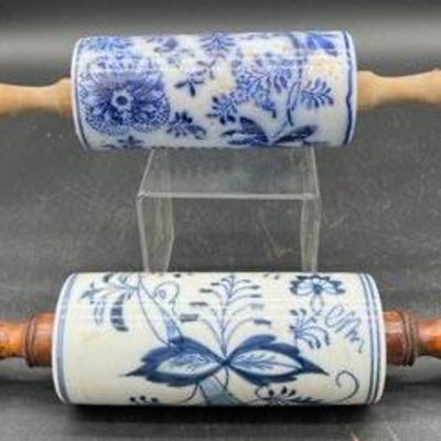 Antique Porcelain Rolling Pins Blue Onion Pattern
