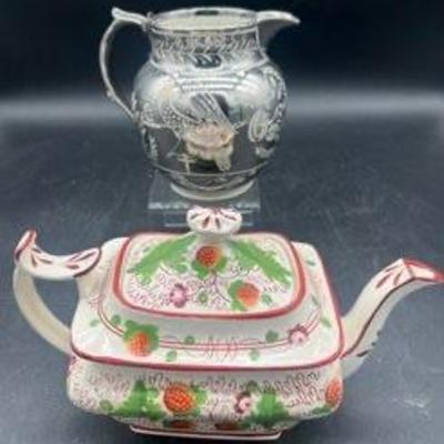 Strawberry Luster Teapot  And Silver Luster Cream Pitcher