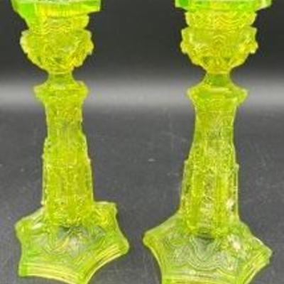 
Gothic Window Lacy Sandwich Vaseline Glass 9" Tall Candleholders
