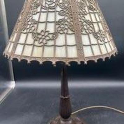 Rare Arts And Crafts Slag Glass Lamp  With Brass Floral Filigree Overlay