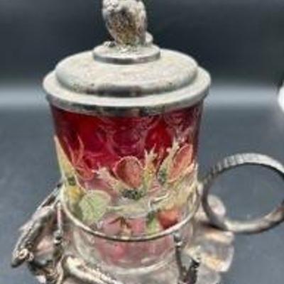 Superb Derby Silver And Cranberry Coin Dolt Coralene Pickle Castor With Bird Finial