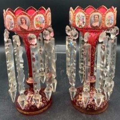 Continental  Hand Painted And Gilt Decorated Cranberry Glass Lusters