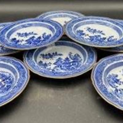 Spode Blue Willow Pattern Gold Trim Rimmed Soup Bowls.