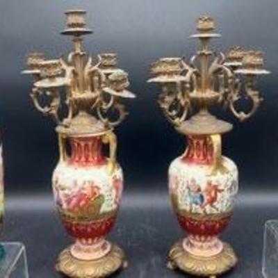 Antique Austrian Beehive Hand Painted Allegorical Urn Candelabrum