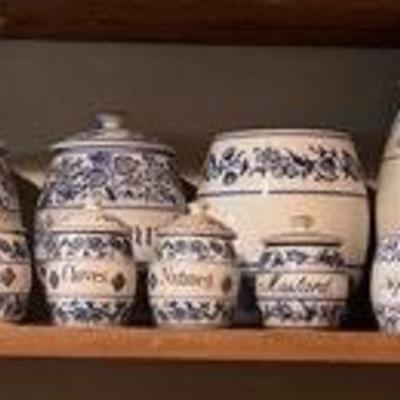 Antique Blue Onion Pattern Spice Jars And Covered Jar Set