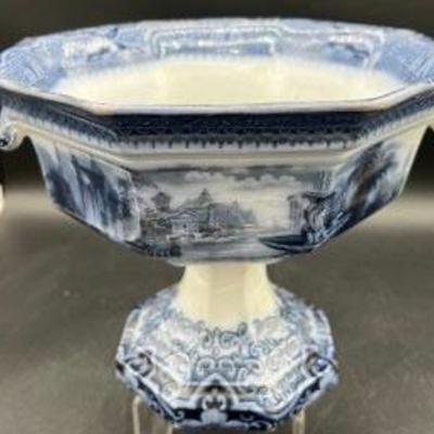 Early Adams & Sons Footed Blue Transfer Ware Center Fruit Bowl - Athens Pattern