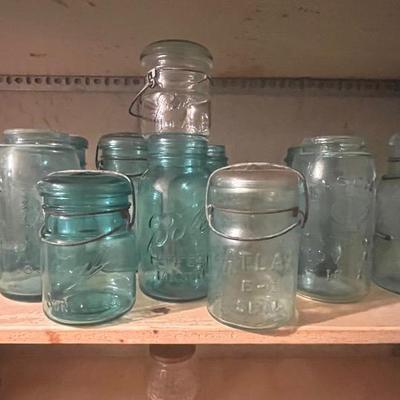 Antique Aqua Canning Jars (14) with 1858 Mason (2)