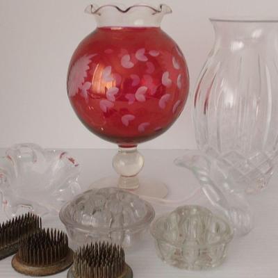 Cranberry Scalloped Vase and Metal Flower Frogs