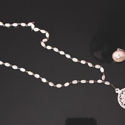 Carved Mother of Pearl Pendant on Freshwater Pearl Beaded Necklace and Marvella Faux Pearl Earrings 