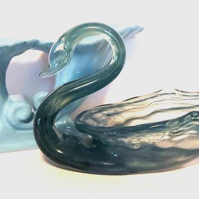 Abingdon Art Deco Doubleshell Planter with Blue Art Glass Swan