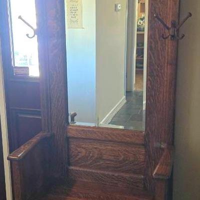Antique Hall Tree With Beveled Mirror