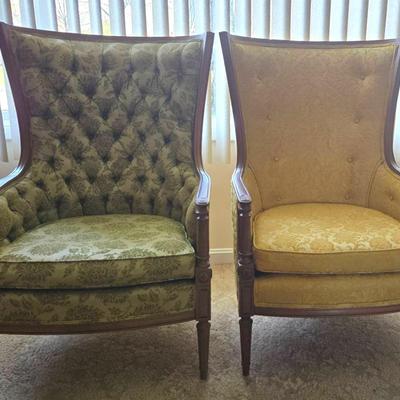 Vintage Tufted Upholstered Bergere Chairs Yellow And Sage