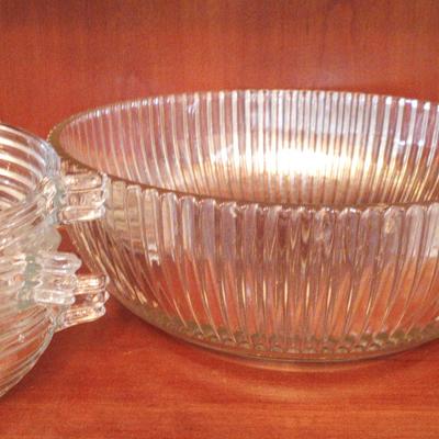 Anchor Hocking Queen Mary "Vertical Rib" Clear Large Berry Bowl and Set of Small 2 Handled Bowls