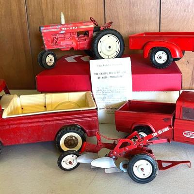 Pressed Steel Vehicles (3) With Structo, Tonka & Tru-Scale Tractor, All Red