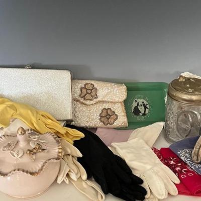 Vanity Collectibles with Art Nouveau Jar, Vintage Gloves