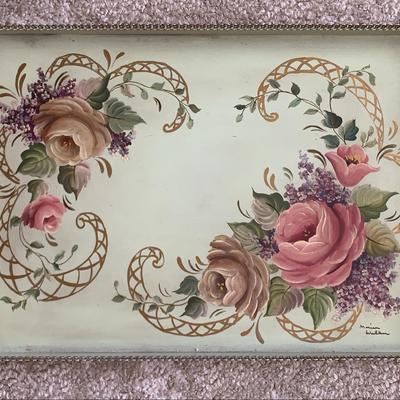 Vintage Hand Decorated Green Floral Tole Tray