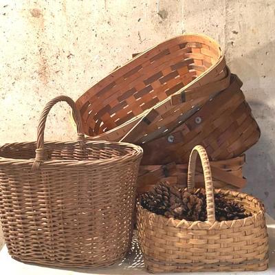 Wood Slat Gathering Baskets (3) and Woven Rattan and Wood Baskets (2)