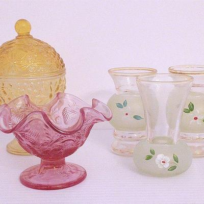 Vintage Depression Glass, Avon Glass Candy Dish, and Hand Paiinted Vase Glass With Gold Trim