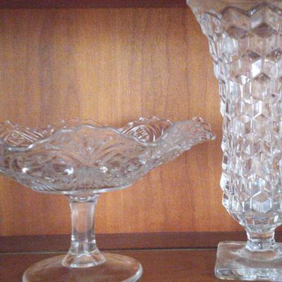 Scallop Edge Pedestal Compote Bpwl and Fostoria Glass Cube Pedestal Vase