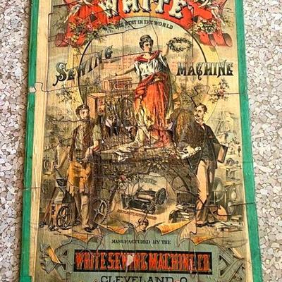 Early White Sewing Machine Advertising Puzzle, Thick Woodcut Pieces Double-Sided