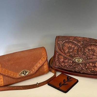 Tooled Leather Handbags (2) and Wallet, Vintage