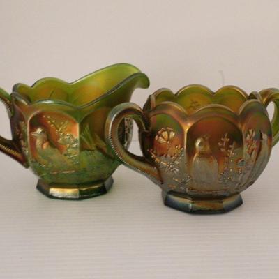 Antique Northwood Singing Birds  Carnival Glass Cream & Sugar