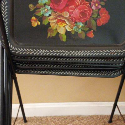 Set Of 3 1950's Metal Folding TV Trays with Floral Motif