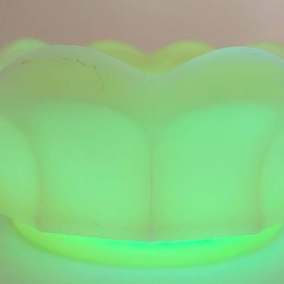 Fenton Satin Compote Uranium Custard Glass With Grape Pattern