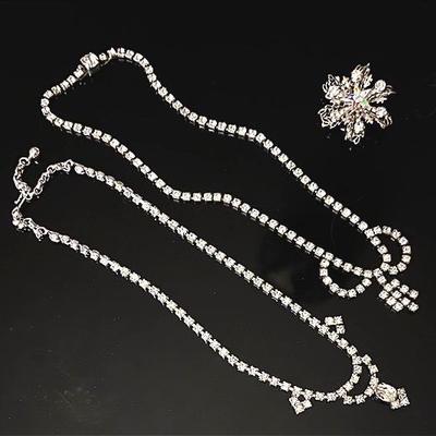 Rhinestone Necklaces (2) and Brooch, Vintage 