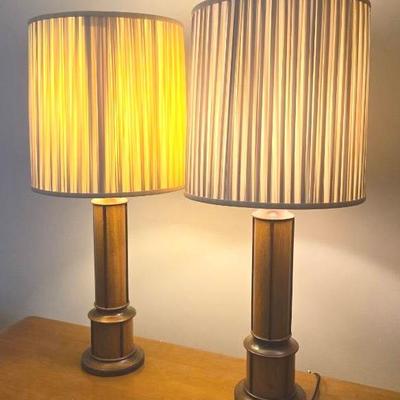Pair Of MCM Wood Column Pedestal Lamps