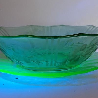 Uranium Glass Handled Bowl And Plate