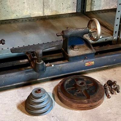 Antique Companion Wood Lathe, Blue, With Some Accessories 