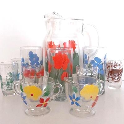 Vintage Kraft "Swanky Swig" Juice Glasses With Anchor Hocking Tulip Pitcher And Glasses.