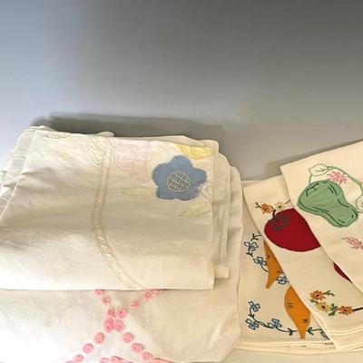 Hand Embroidered and Appliqued Bedspread and Tea towels, Chenille Spread