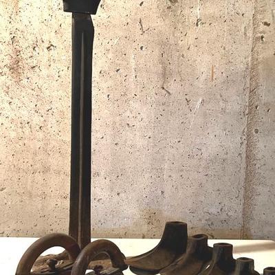Antique Shoe Lasts (6) with Stand and Sad Irons (2)