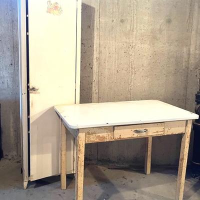1930s 40s Porcelain Top Kitchen Table and Wood Cabinet