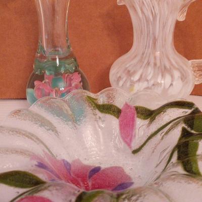 Fused Glass Pink Flower Bowl, Art Glass Vases