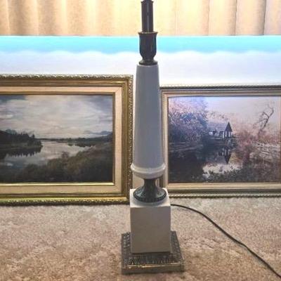 MCM Metal And Ceramic Lamp With Complimentary Framed  Landscapes Prints