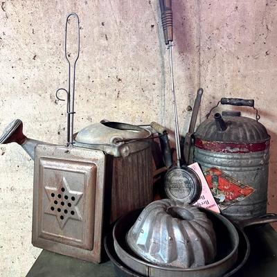 Vintage Kitchen & Home Items With Galvanized Metal Cans, 11 Inch Cast Iron Skillet