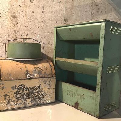 1940s Tin Kitchen Storage with Cake Pan, Vegetable Bin and Bread Box