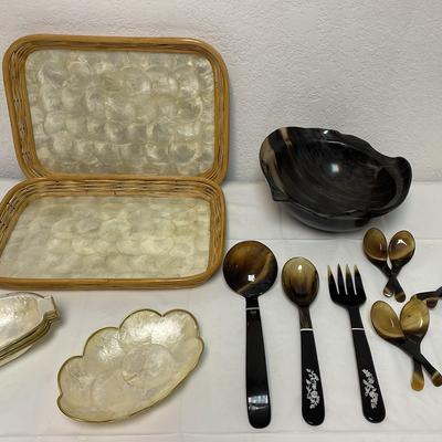 Horn Bowl And Utensils + Capiz Shell Trays And Bowls